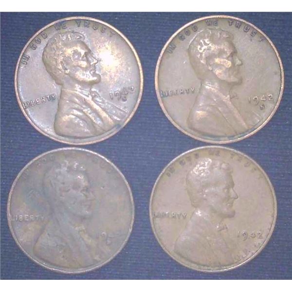 4x USA Pennies 1942, 1942S & 1942D
