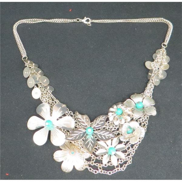 Silver-Tone Necklace Dangling floral charms & turquoise-colored beads