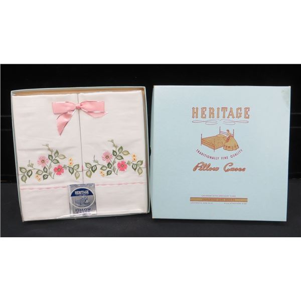 Vintage New Heritage Embroidered Pillow Case Set With Original Box