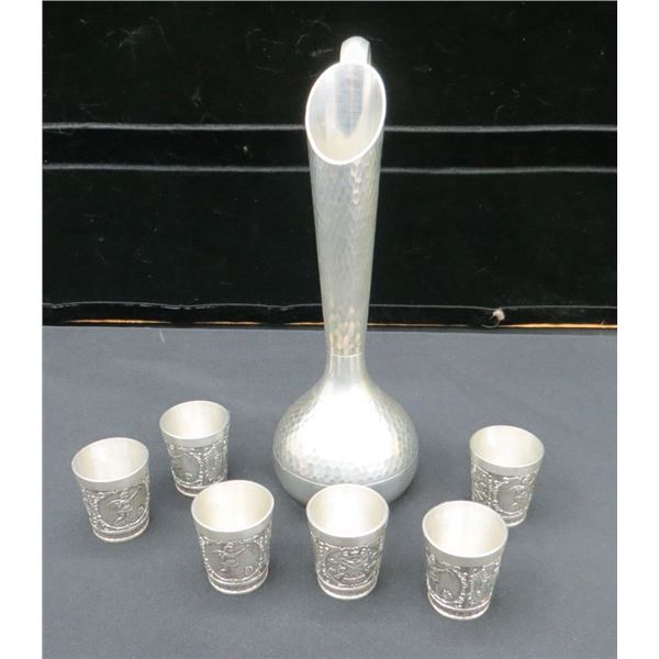 Pewter Slender Pitcher & 6 Pewter Shot Glasses