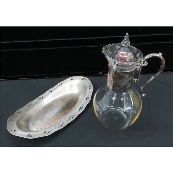 E.P. Copper Tray 13" Long & Glass Water Pitcher 11" Tall
