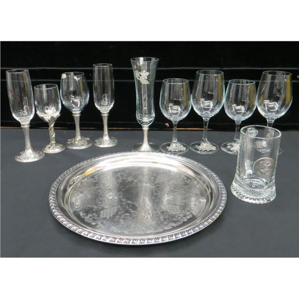 Round Platter With Various Glasses With Pewter Accents
