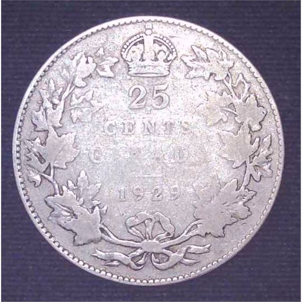 1929 Canadian Silver 25 Cent Coin