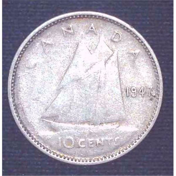 1947 Canadian Silver 10 Cent Coin Maple Leaf