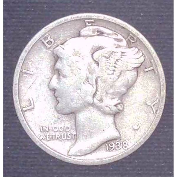 1938 USA Silver 10 Cent Coin