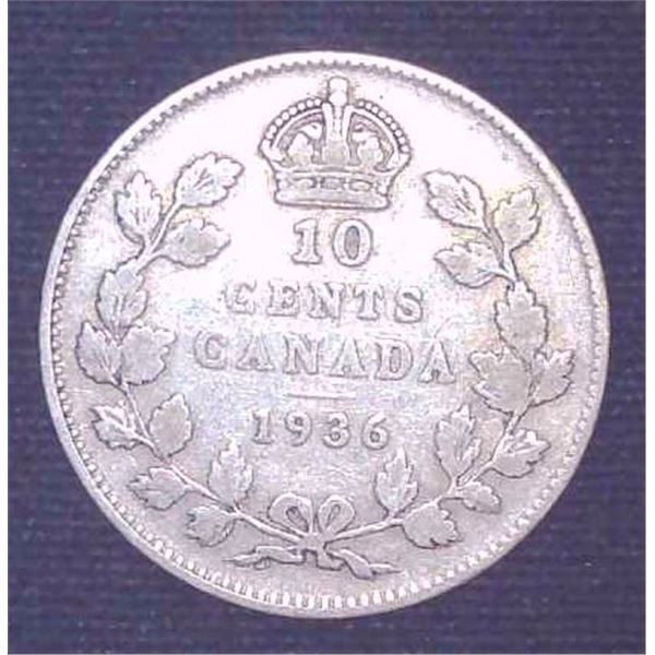 1936 Canadian Silver 10 Cent Coin
