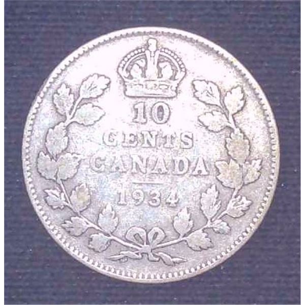 1934 Canadian Silver 10 Cent Coin