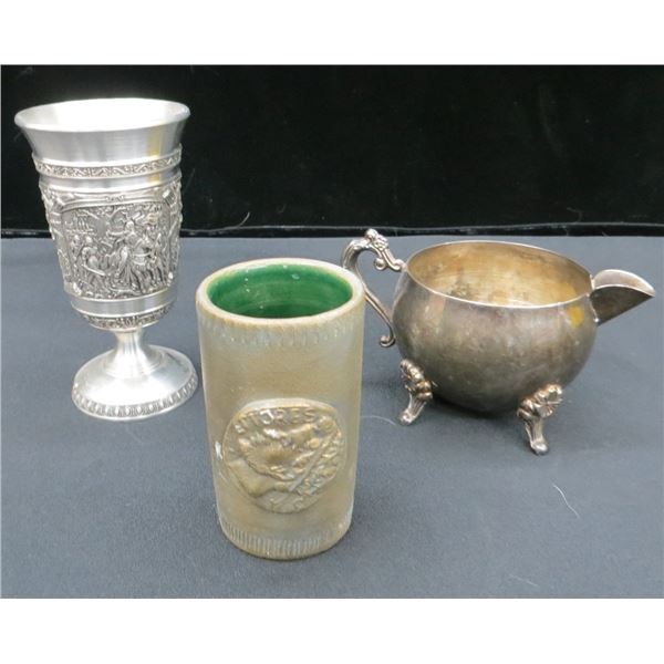 Brass, Pewter and Silver Plated Drinking Glasses and Milk Pourer