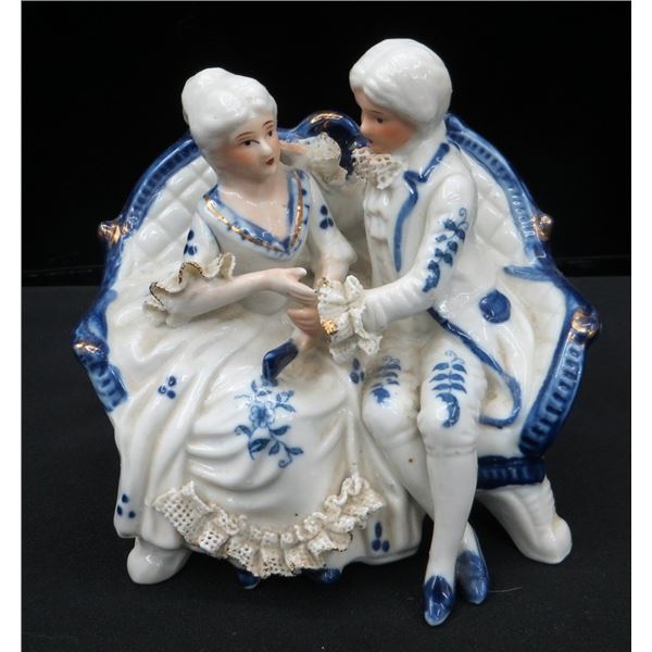 Victorian White & Blue Porcelain Sitting Couple Figure 6" tall