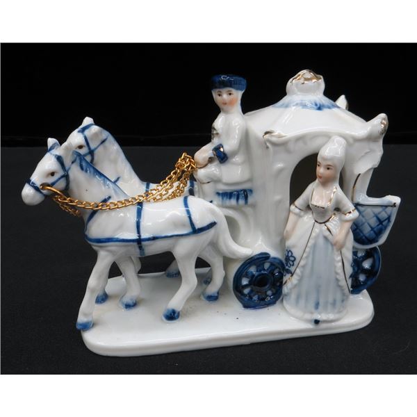 Victorian White & Blue Porcelain Lady with Horses & Carriage Figure 4" tall