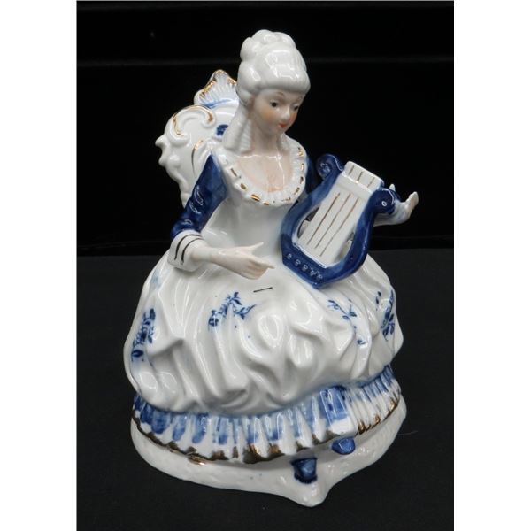 Victorian White & Blue Porcelain Lady With Harp Figure 7" tall
