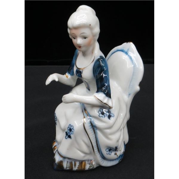 Victorian White & Blue Porcelain Sitting Lady Figure 6" tall
