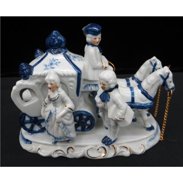 Victorian White & Blue Porcelain Lady With Horses & Carriage Figure 6" tall