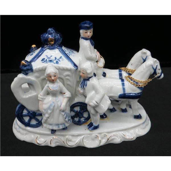 Victorian White & Blue Porcelain Lady With Horses & Carriage Figure 6" tall