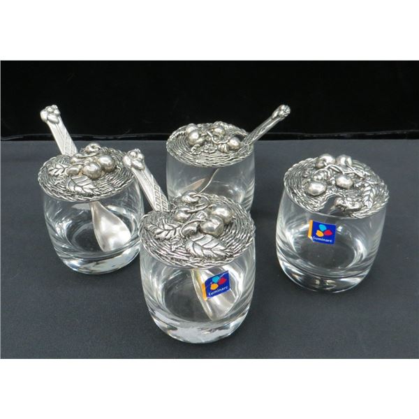 4 Glass & Pewter Jam Serving Jars with Spoons