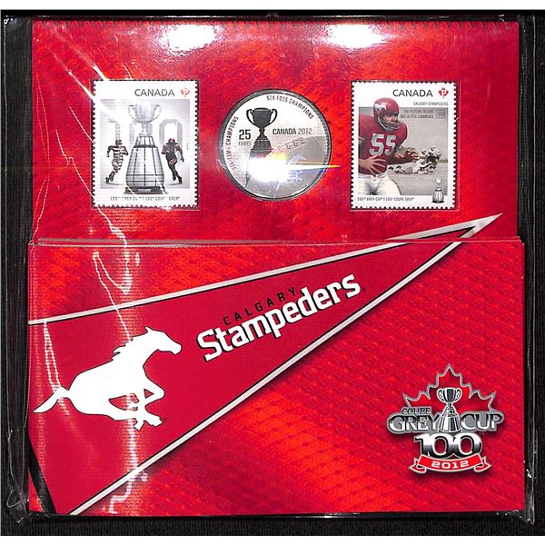 RCM 2012 Calgary Stampeders 25 Cent Coloured coin with Stamps Set