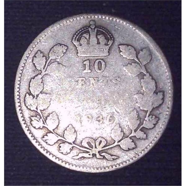 1936 Canadian Silver 10 Cent Coin