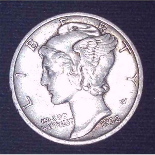 1938 USA Silver 10 Cent Coin