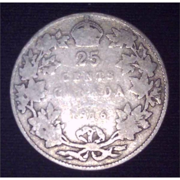 1916 Canadian Silver 25 Cent Coin