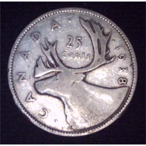 1938 Canadian Silver 25 Cent Coin