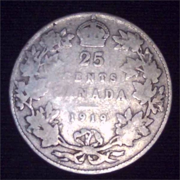 1919 Canadian Silver 25 Cent Coin