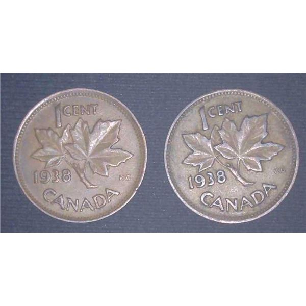 2x Canadian Pennies 1938