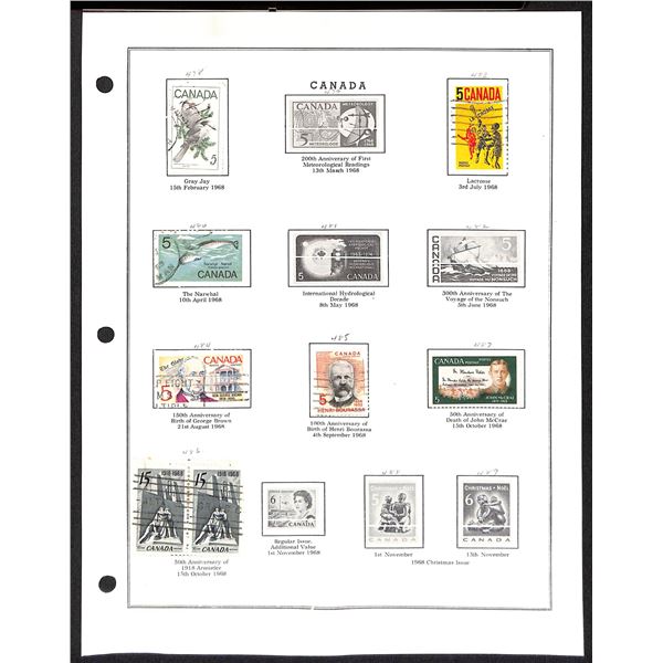 Page Of Donated Canadian Stamps 1968