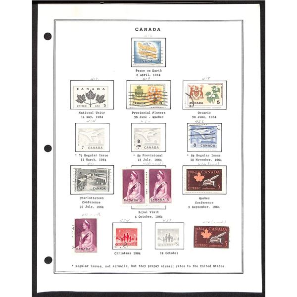 Page Of Donated Canadian Stamps 1964