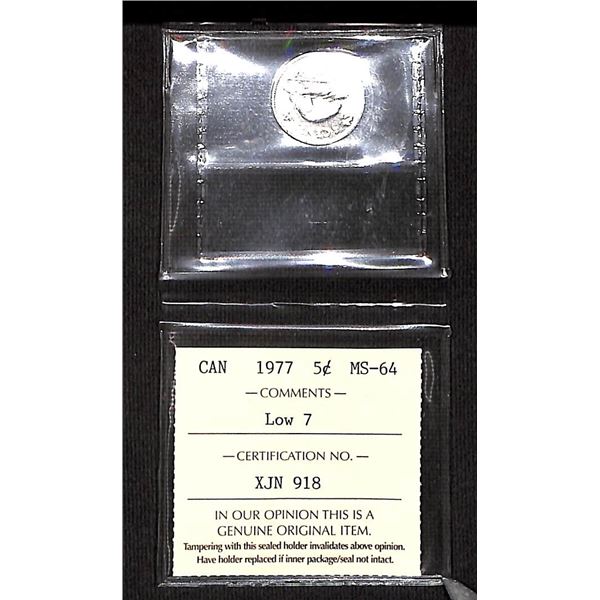 ICCS Canadian 5 Cent Coin LOW 7 1977 MS-64
