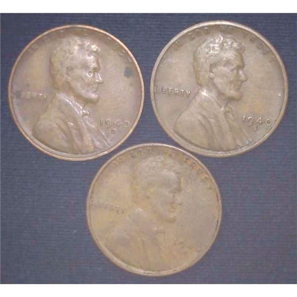 3x USA Pennies 1940 D & S