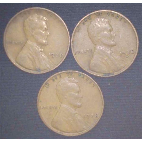 3x USA Pennies 1938