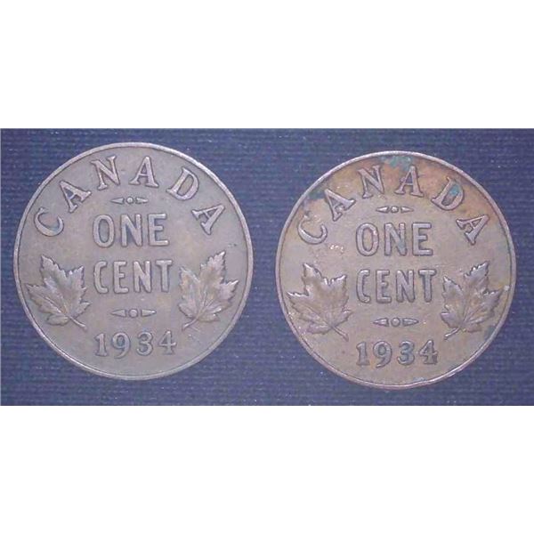 2x Canadian Pennies 1934