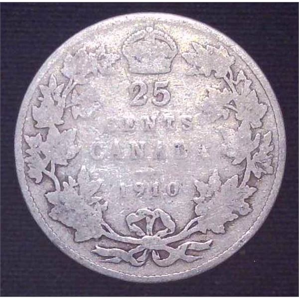 1910 Canadian Silver 25 Cent Coin