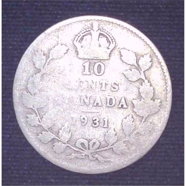 1931 Canadian Silver 10 Cent Coin