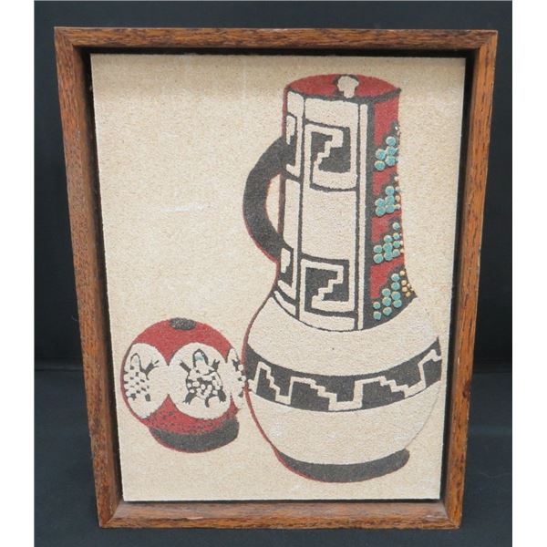 Native American Navajo Sand Painting Pueblo Pottery Wood Framed Wall Picture 7"x9"