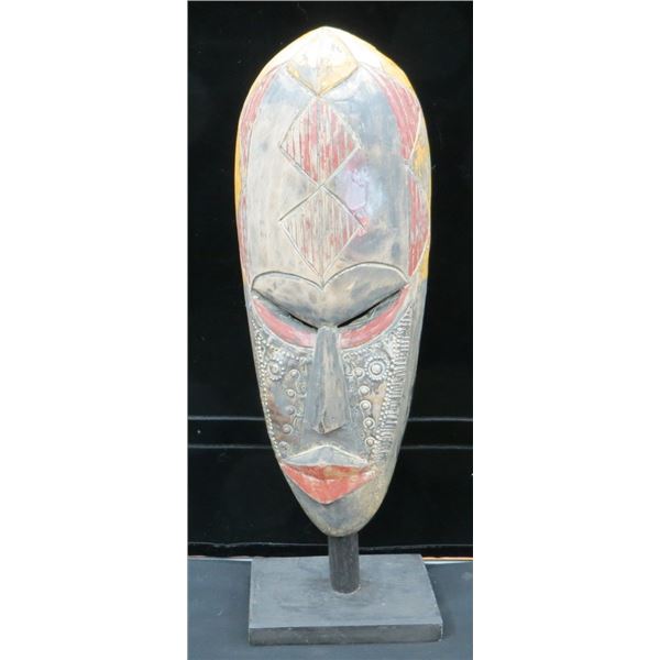 Wooden Hand Carved Mask On Stand 21" Tall