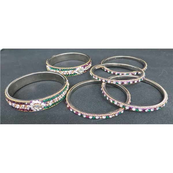 Silver Tone Bangles Embellished with vibrant Green, Purple, and White Crystal stones