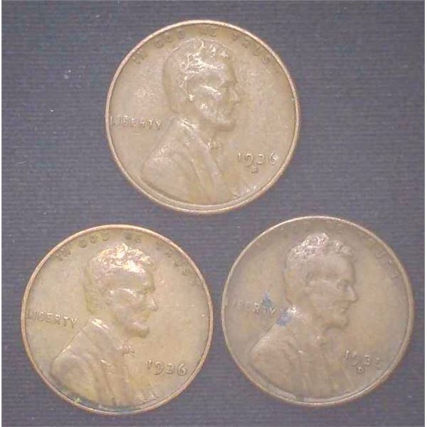 3x USA Pennies 1935D & 1936 & 1936S