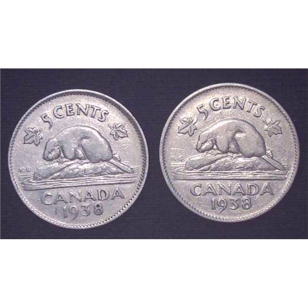 2x Canadian Nickels 1938