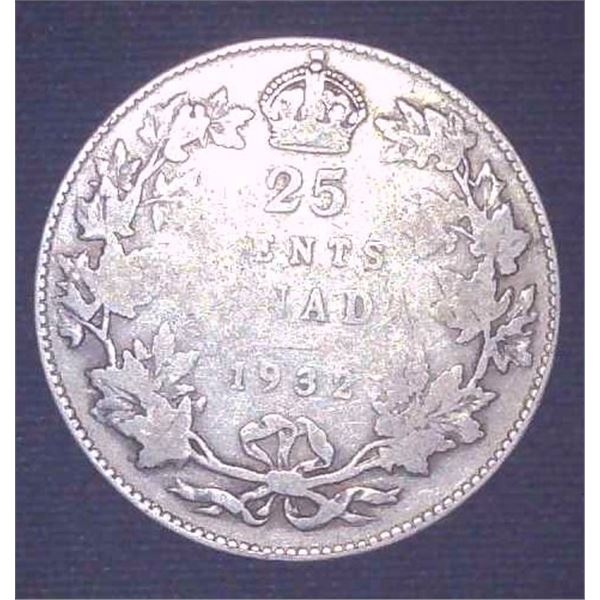 1932 Canadian Silver 25 Cent Coin