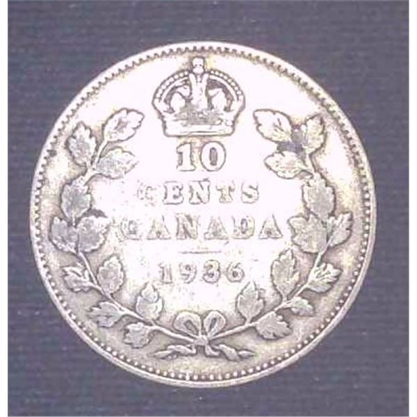1936 Canadian Silver 10 Cent Coin