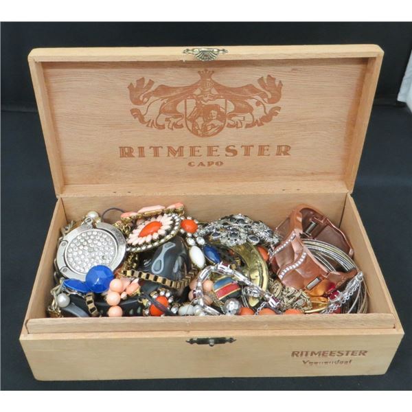 Cigar Box with Donated Jewelry Collection Earrings, Necklaces, Brooches & More