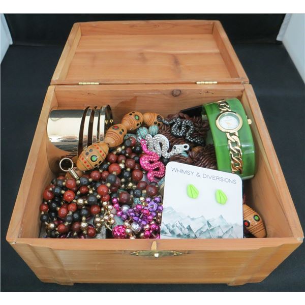 Vintage Wooden 8" Wide Box With Donated Jewelry Items Necklaces, Watch, Earrings & More