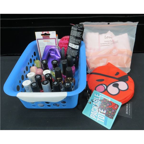 Collection Of Nail Polish, Cotton Pads, Nail Care Items & Package Carry Tote Bag