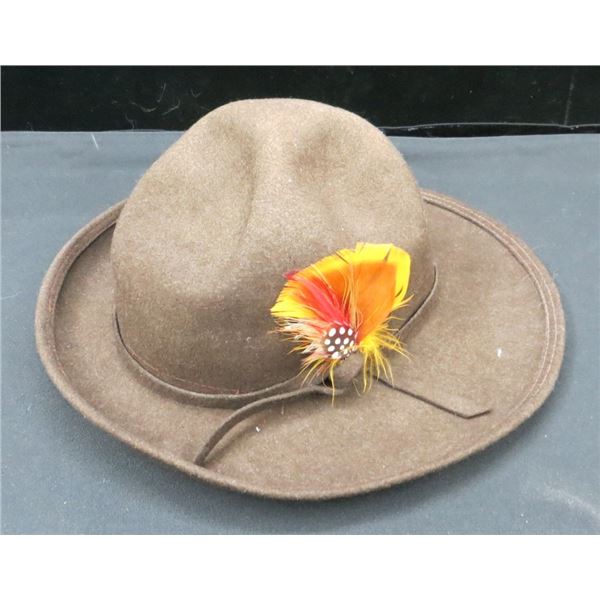 Ladies Brown Vintage Felt Fedora Style Hat With Feathers