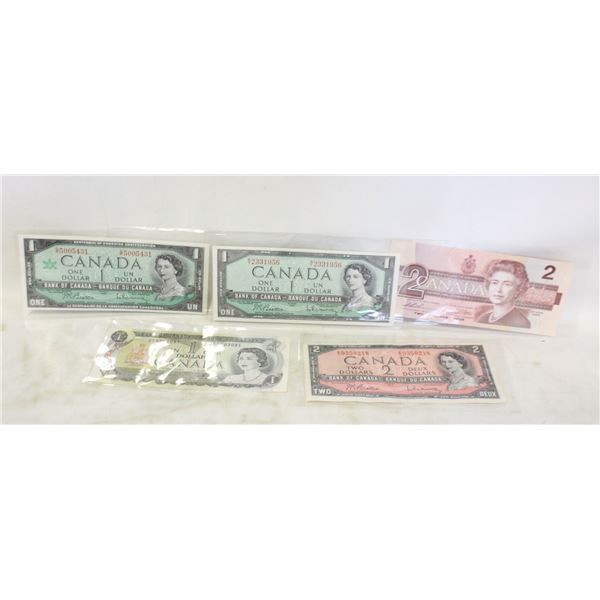 1954 $2 BILL, 1986 $2 BILL, ’54, ’67,’73 $1 BILLS