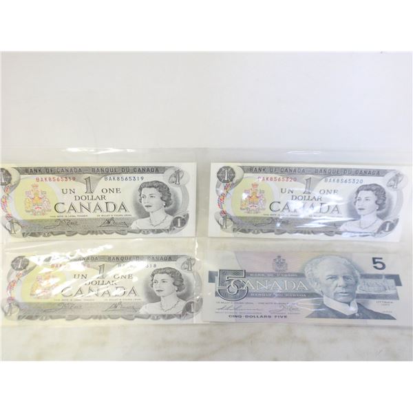 ’73 $1 -3CONSEC. UNCIR. BILLS & ’86 $5 BILL