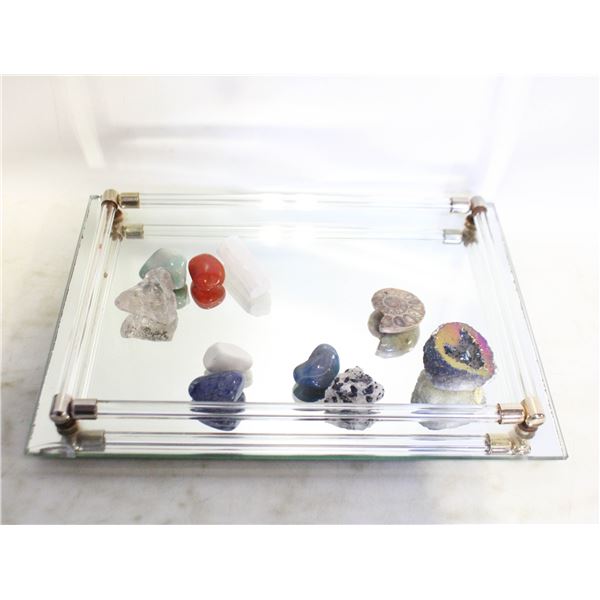 MIRRORED VANITY TRAY W/AMMONITE FOSSIL & MORE