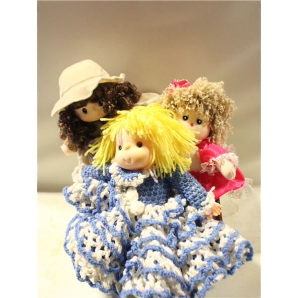 VTG. HANDMADE CROCHET DOLL & 2 MUSICAL DOLLS