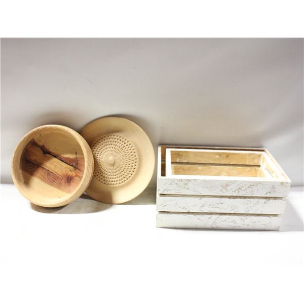 WOOD CRAFTED BOWL & PLATE & 2 WOOD NEST CRATES